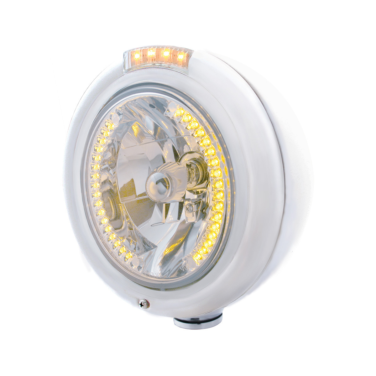 Stainless Steel Classic Headlight H4 With 34 Amber LED & Dual Mode LED Signal - Clear Lens
