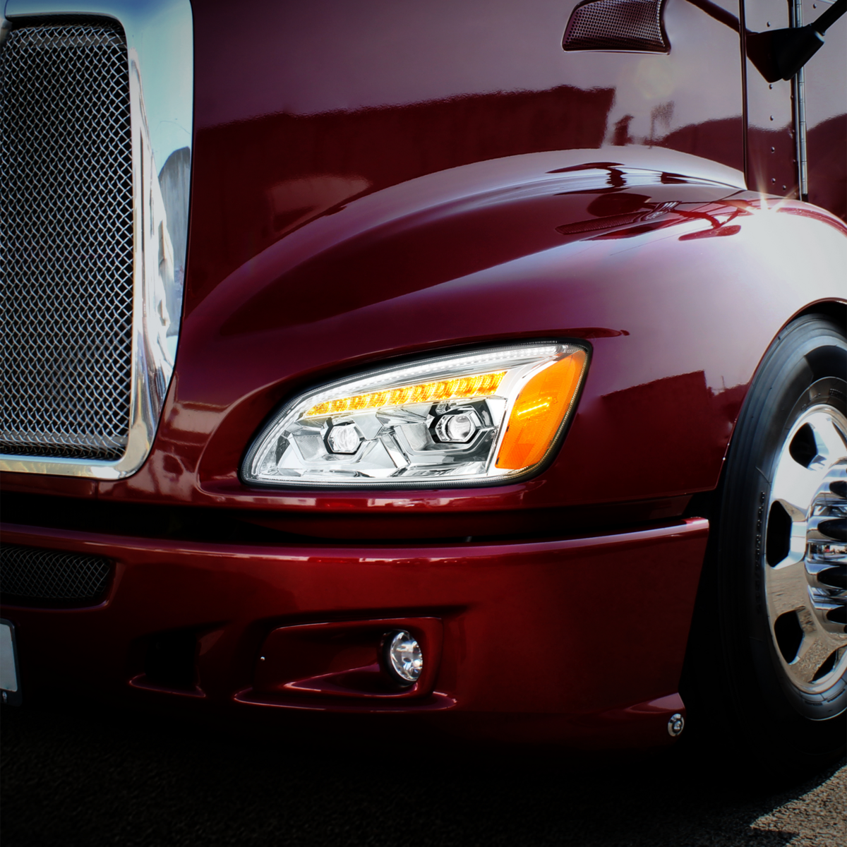 Bundle (2pcs): LED Chrome Projection Headlight With Sequential Turn Signal For 2008-2017 Kenworth T660-Driver and Passenger