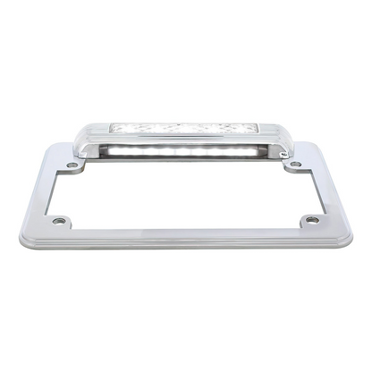 Chrome Motorcycle License Plate Frame With Back-Up Light - White LED/Clears Lens