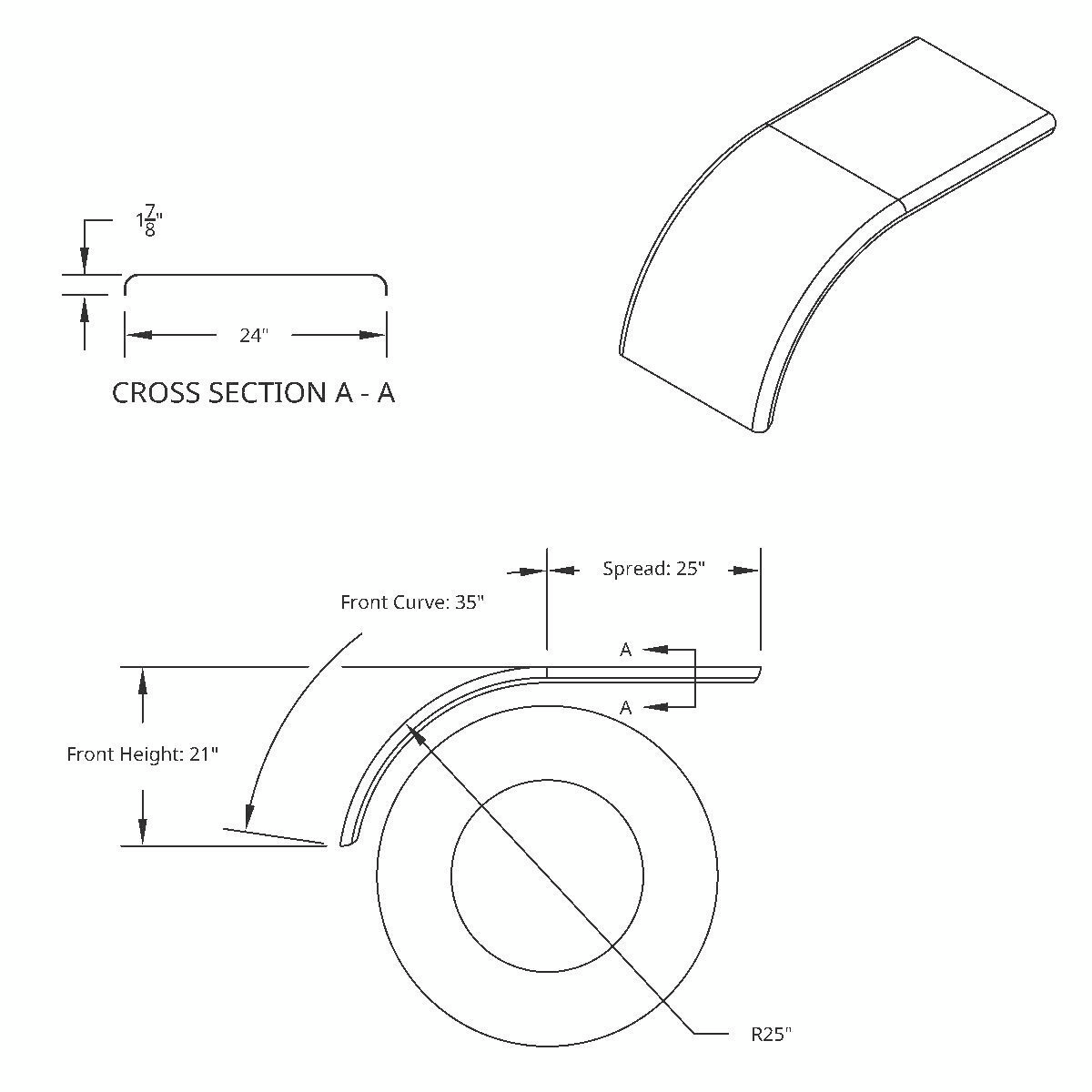 60" 430 Stainless Steel (16ga) Roll Formed Edge Smooth Half Fender - SS Series (Pair)