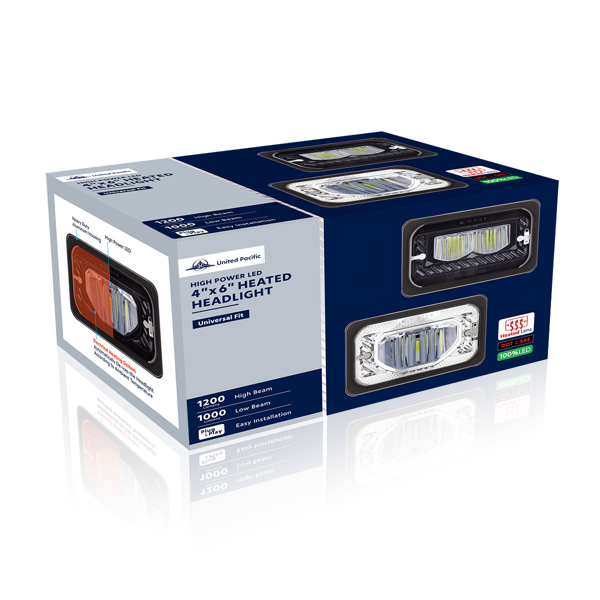ULTRALIT - Heated 4" X 6" LED Headlight With Glass Lens & Aluminum Housing - High Beam - Chrome