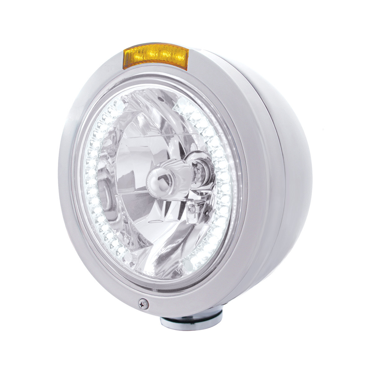Stainless Steel Bullet Classic Headlight H4 With White LED & Signal - Amber Lens