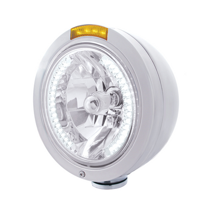 Stainless Steel Bullet Classic Headlight H4 With White LED & Signal - Amber Lens