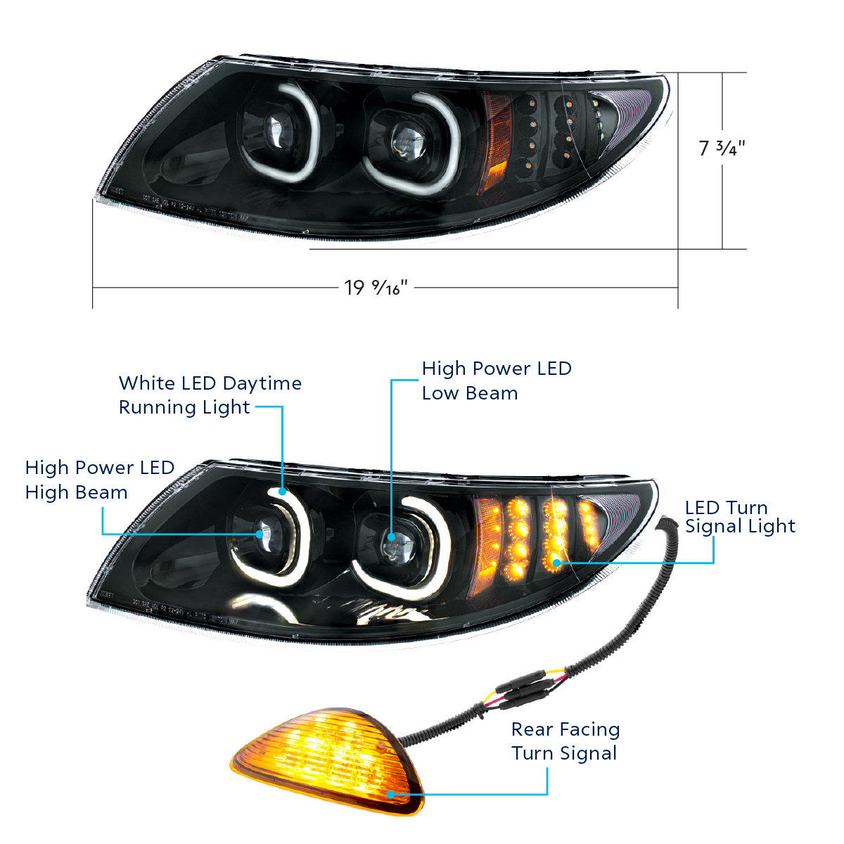 Black LED Projector Headlight With Rear Facing Turn Signal For International Durastar 2002-2018 - Driver