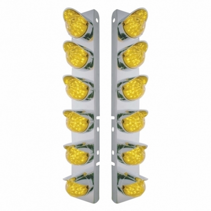 SS Front Air Cleaner Bracket With 12X 19 LED Bullet Style Lights & Visors For Peterbilt-Amber LED & Lens