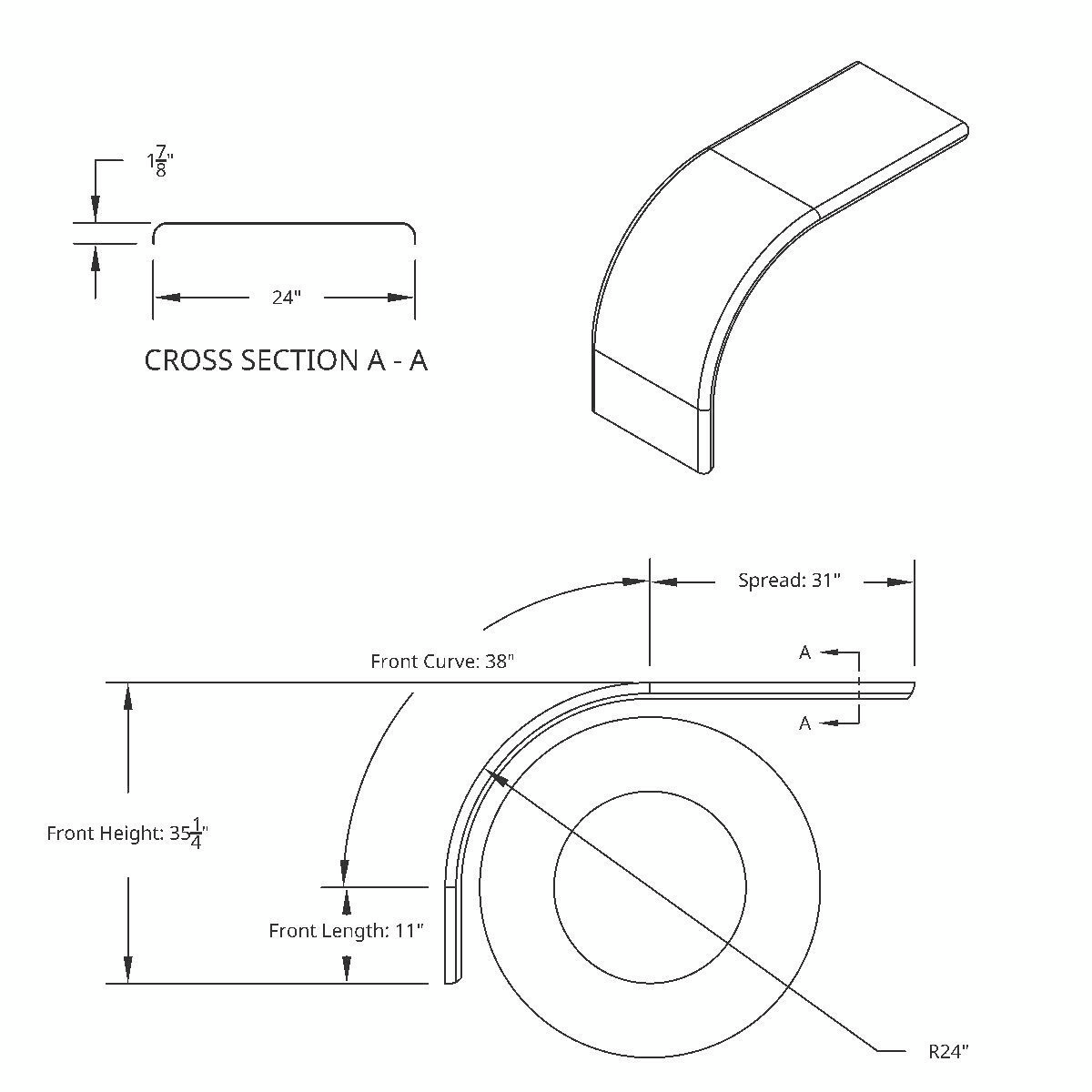 80" 430 Stainless Steel (16ga) Roll Formed Edge Smooth Half Fender/Long Drop - SS Series (Pair)