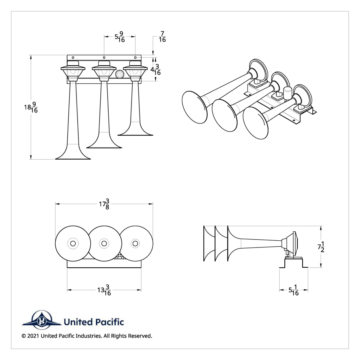 3 Trumpets Horizontal Chrome Train Horn - Left