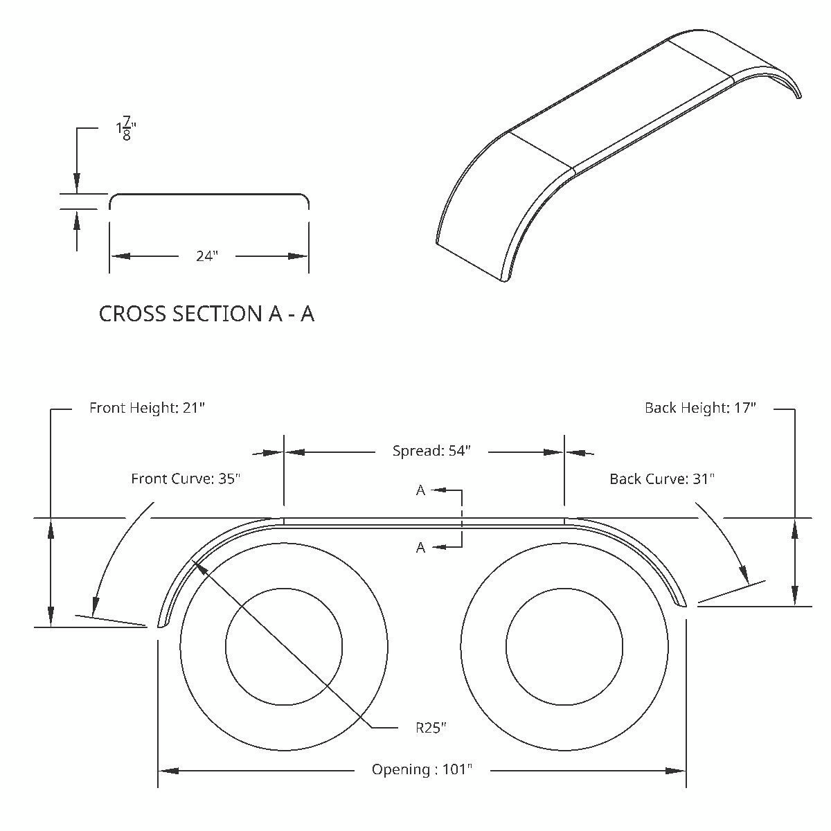 120" 430 Stainless Steel (16ga) Roll Formed Edge Smooth Full Fender 54" Spread - SS Series (Pair)