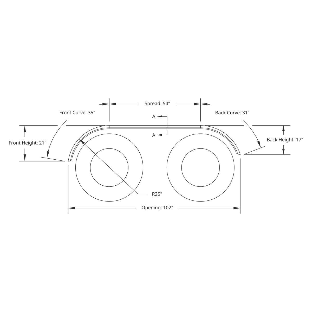 120" 430 Stainless Steel (16ga) Roll Formed Edge Smooth Full Fender 54" Spread - SS Series (Pair)