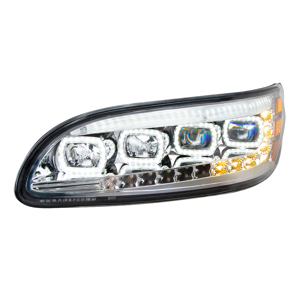 Chrome Quad-LED Headlight With LED DRL & Seq. Signal For 2005-2015 Peterbilt 386- Driver