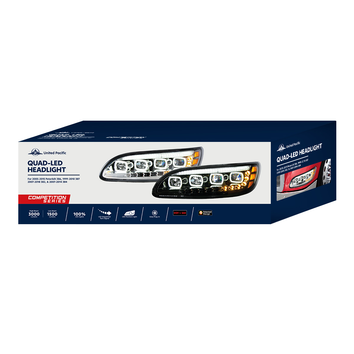 Chrome Quad-LED Headlight With LED DRL & Seq. Signal For 2005-2015 Peterbilt 386- Driver