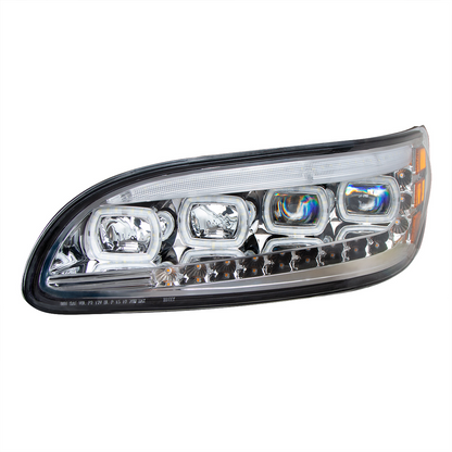 Chrome Quad-LED Headlight With LED DRL & Seq. Signal For 2005-2015 Peterbilt 386- Driver