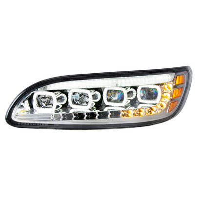 Chrome Quad-LED Headlight With LED DRL & Seq. Signal For 2005-2015 Peterbilt 386- Driver