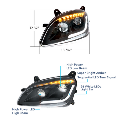 Black LED Headlight W/Sequential LED Turn Signal For Peterbilt 579 (2012-21) & 587 (2010-16) - Passenger