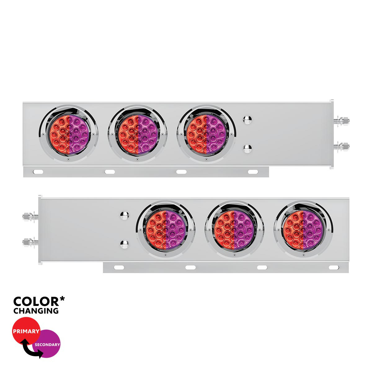 2.5" Bolt Pattern SS Spring Loaded Light Bar With 6X Double Fury 19 LED Lights & Visors-Red & Purple(Pair)