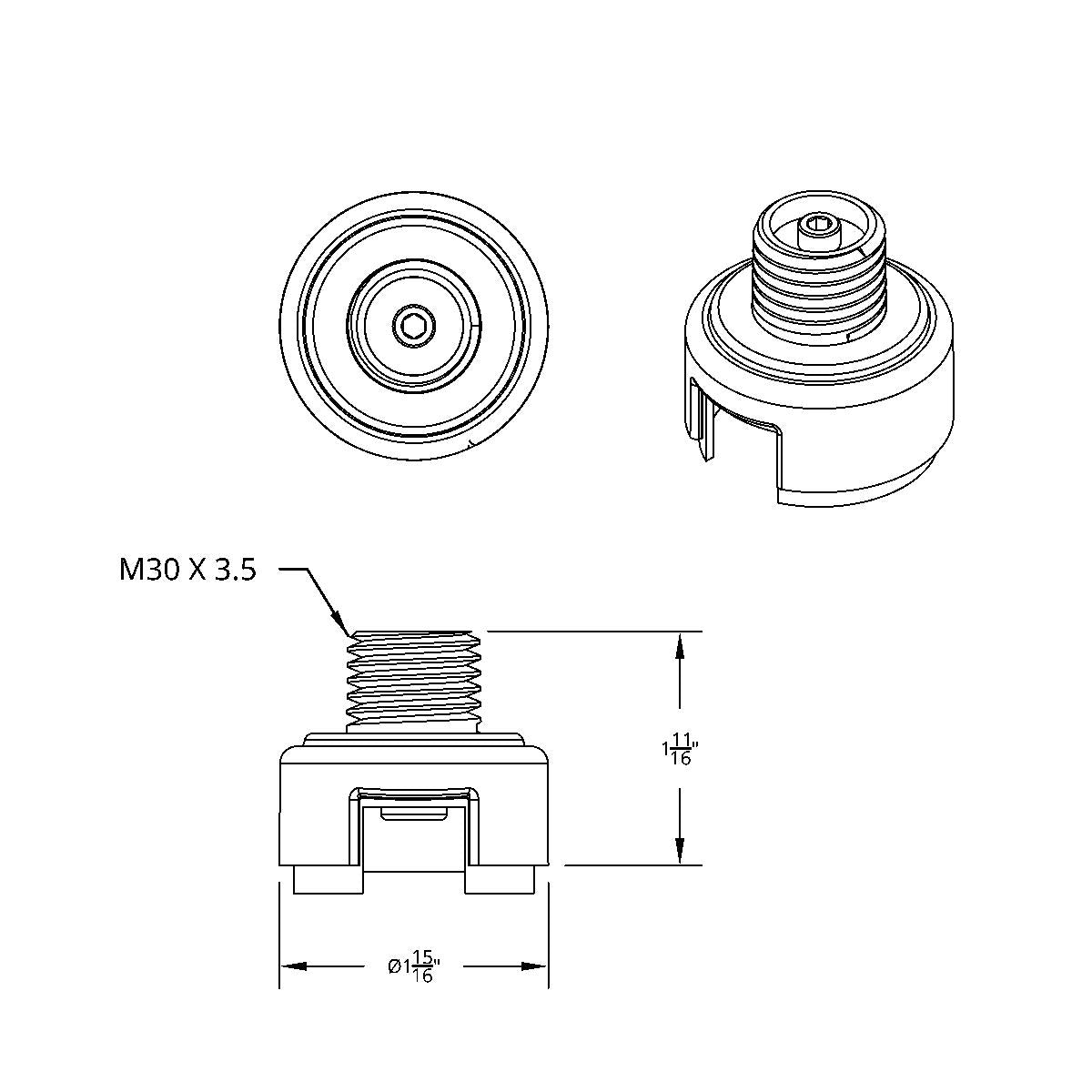 M30X3.5 Thread-On Gearshift Knob Chrome Mounting Adapter For Eaton Fuller Style 13/15/18 Speed - Vertical (Bulk)
