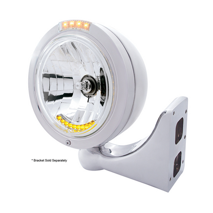Stainless Steel Bullet Classic Headlight H4 With 10 Amber LED & LED Signal - Clear Lens