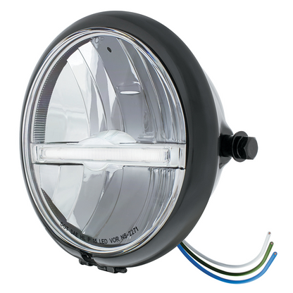 Black 5-3/4" Motorcycle Headlight 9 LED Bulb With White LED Light Bar - Side Mount