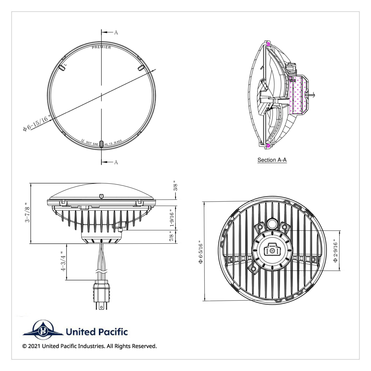 ULTRALIT - 5 High Power LED 7" Dual Function Headlight - Chrome
