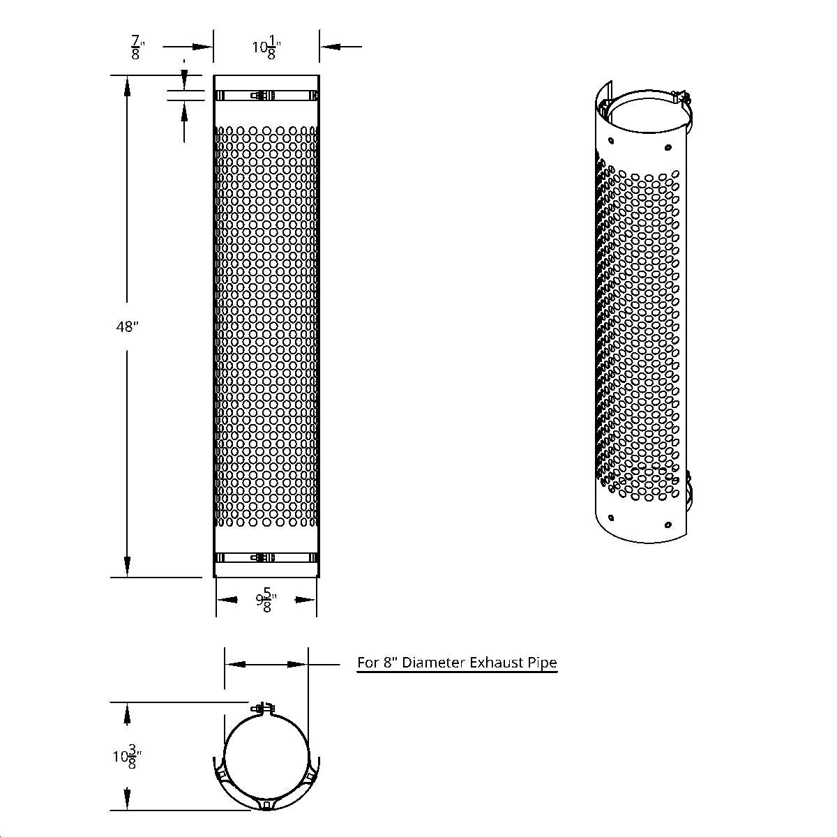 48" Tall 180 Degree Stainless Exhaust Muffler Shield For 8" Diameter Exhaust - Vertical Slot