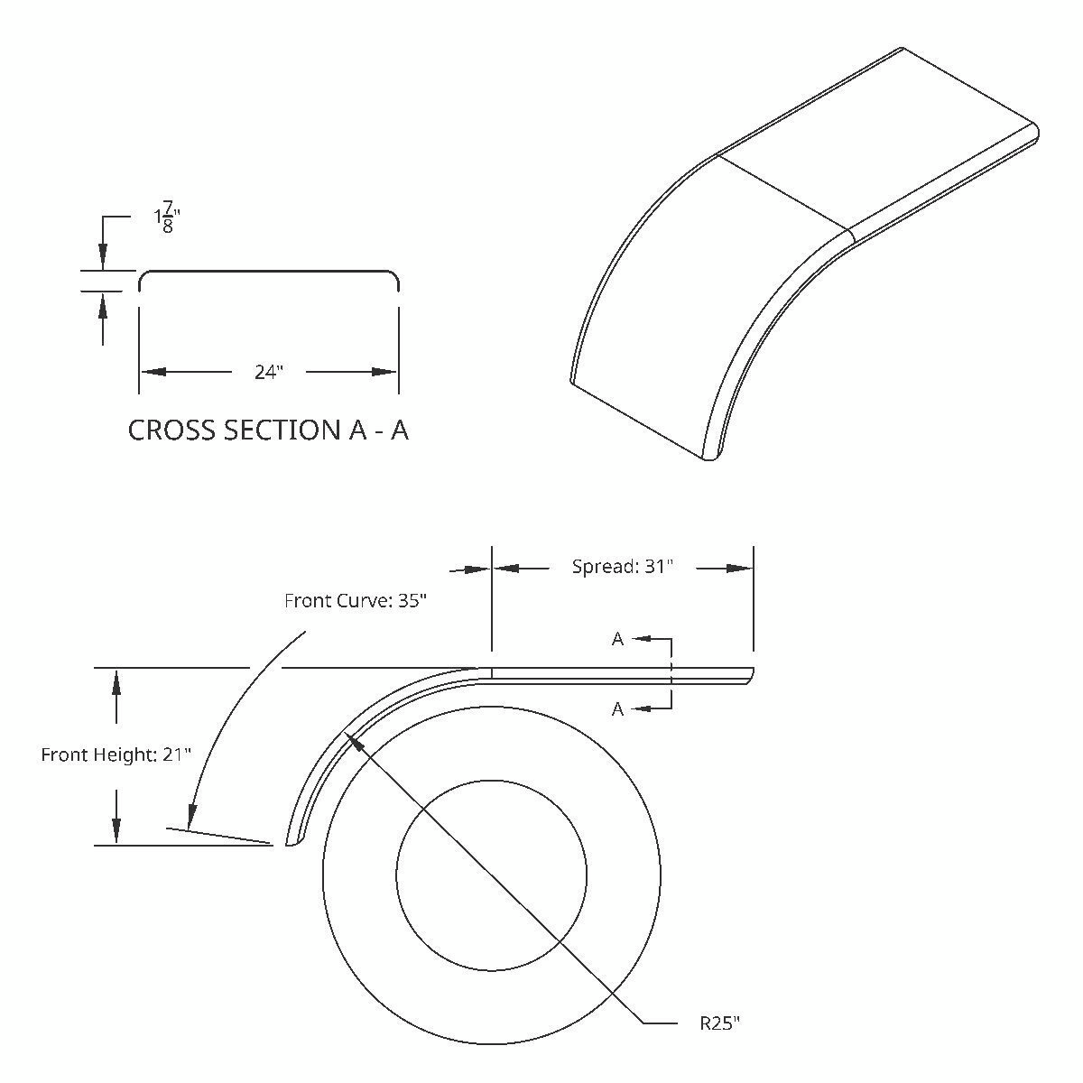 66" 430 Stainless Steel (16ga) Roll Formed Edge Smooth Half Fender - SS Series (Pair)
