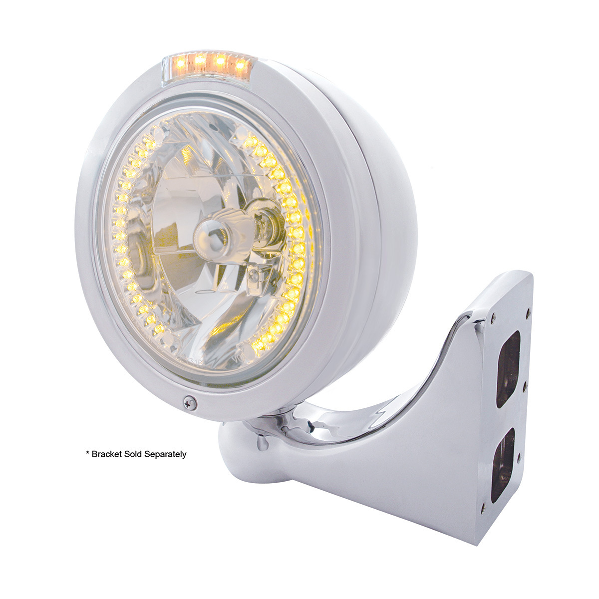 Stainless Steel Bullet Classic Headlight H4 With Amber LED & Dual Mode LED Signal - Clear Lens