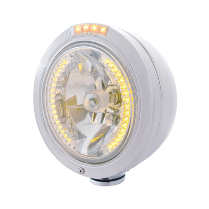 Stainless Steel Bullet Classic Headlight H4 With Amber LED & Dual Mode LED Signal - Clear Lens