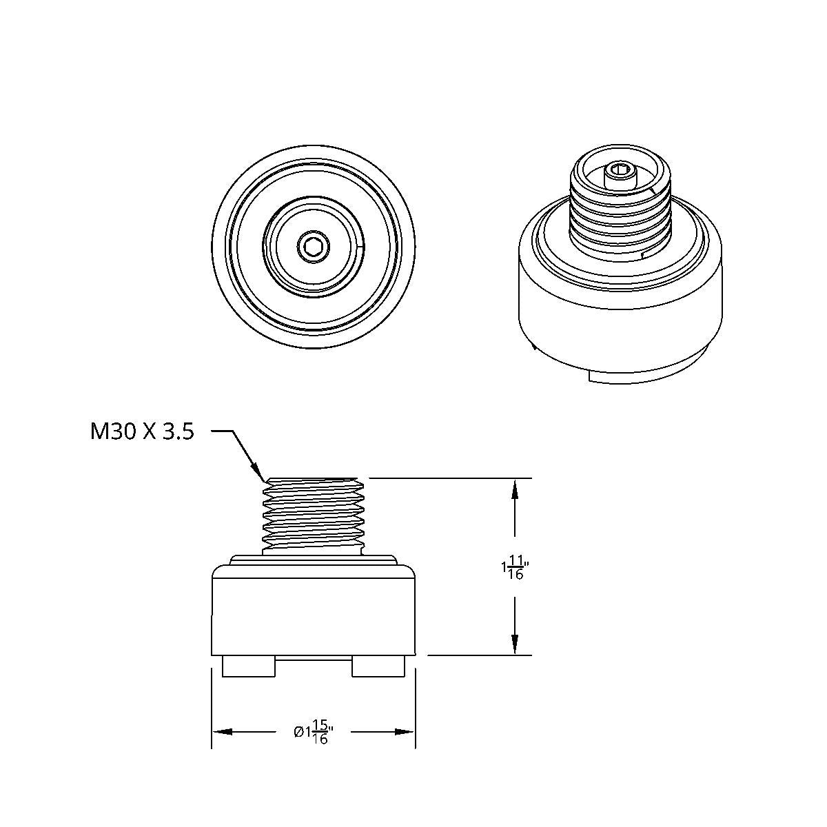 M30X3.5 Thread-On Gearshift Knob Chrome Mounting Adapter For Eaton Fuller Style 9/10 Speed - Vertical (Bulk)