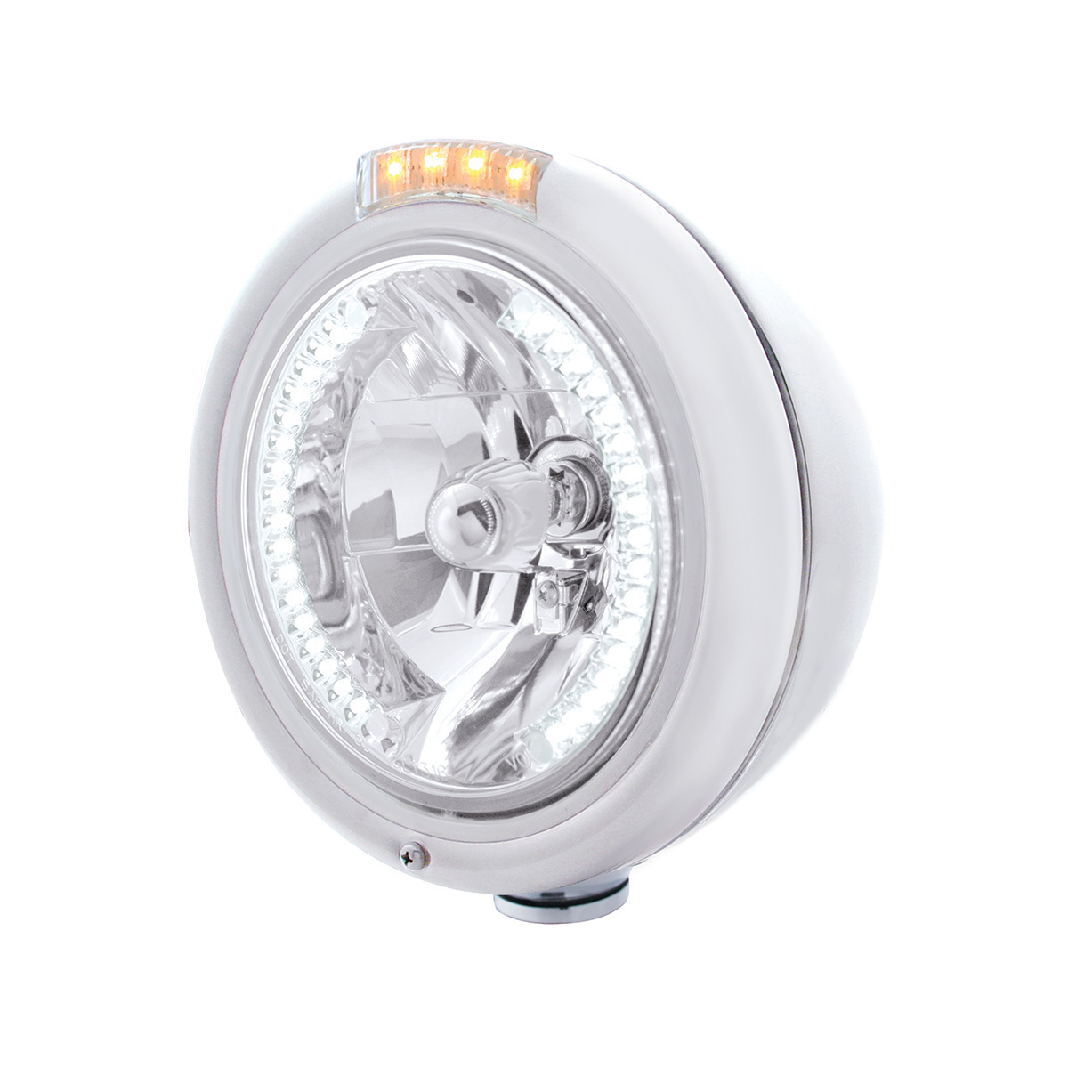 Stainless Steel Classic Headlight H4 With 34 White LED & Dual Mode LED Signal - Clear Lens