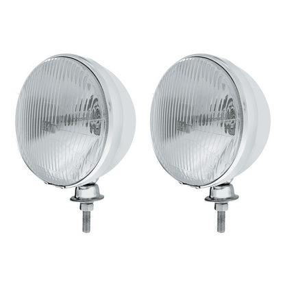 7" Stainless Dietz Style Headlight With 12 Volt Flat H4 Halogen Bulb (Pair)