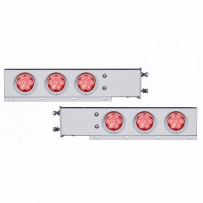 3-3/4" Bolt Pattern Chrome Spring Loaded Bar With 6X 4" 7 Red LED Lights & Visors - Red Lens (Pair)