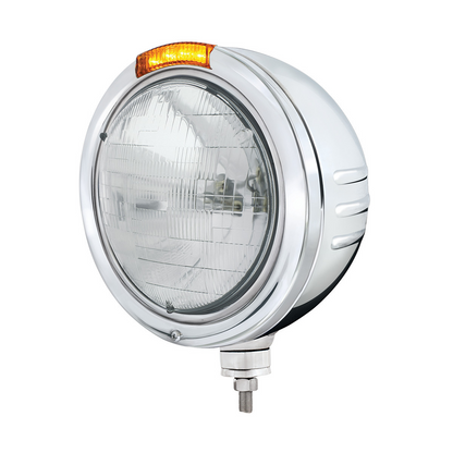 Stainless Steel Bullet Embossed Stripe Headlight H6024 & Dual Mode LED Signal - Amber Lens