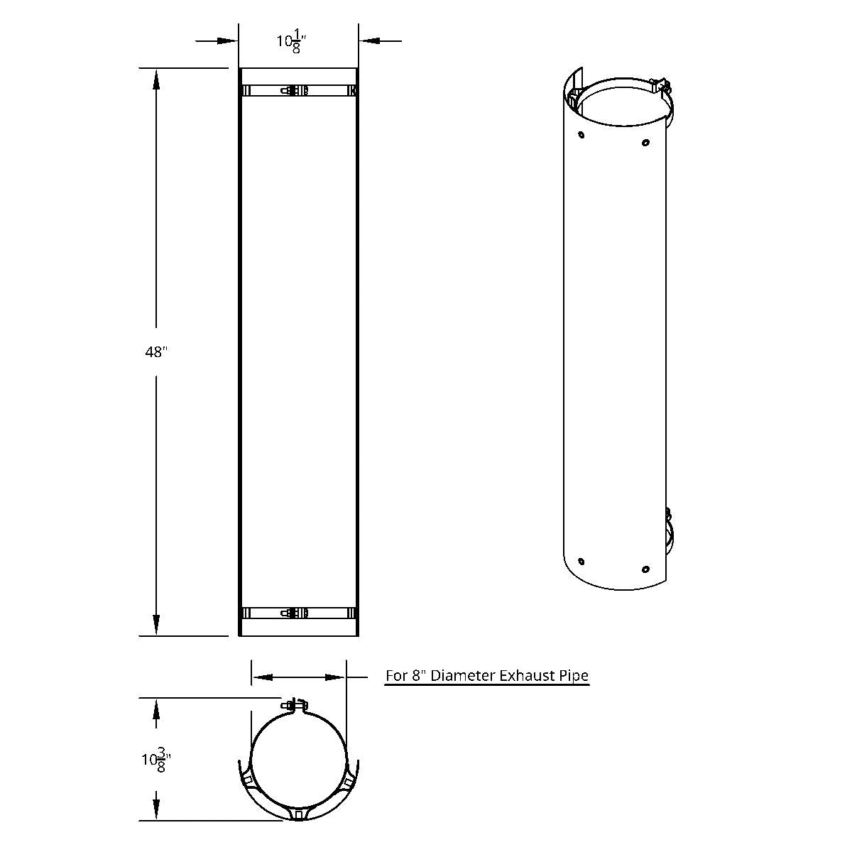 48" Tall 180 Degree Stainless Exhaust Muffler Shield For 8" Diameter Exhaust - Plain