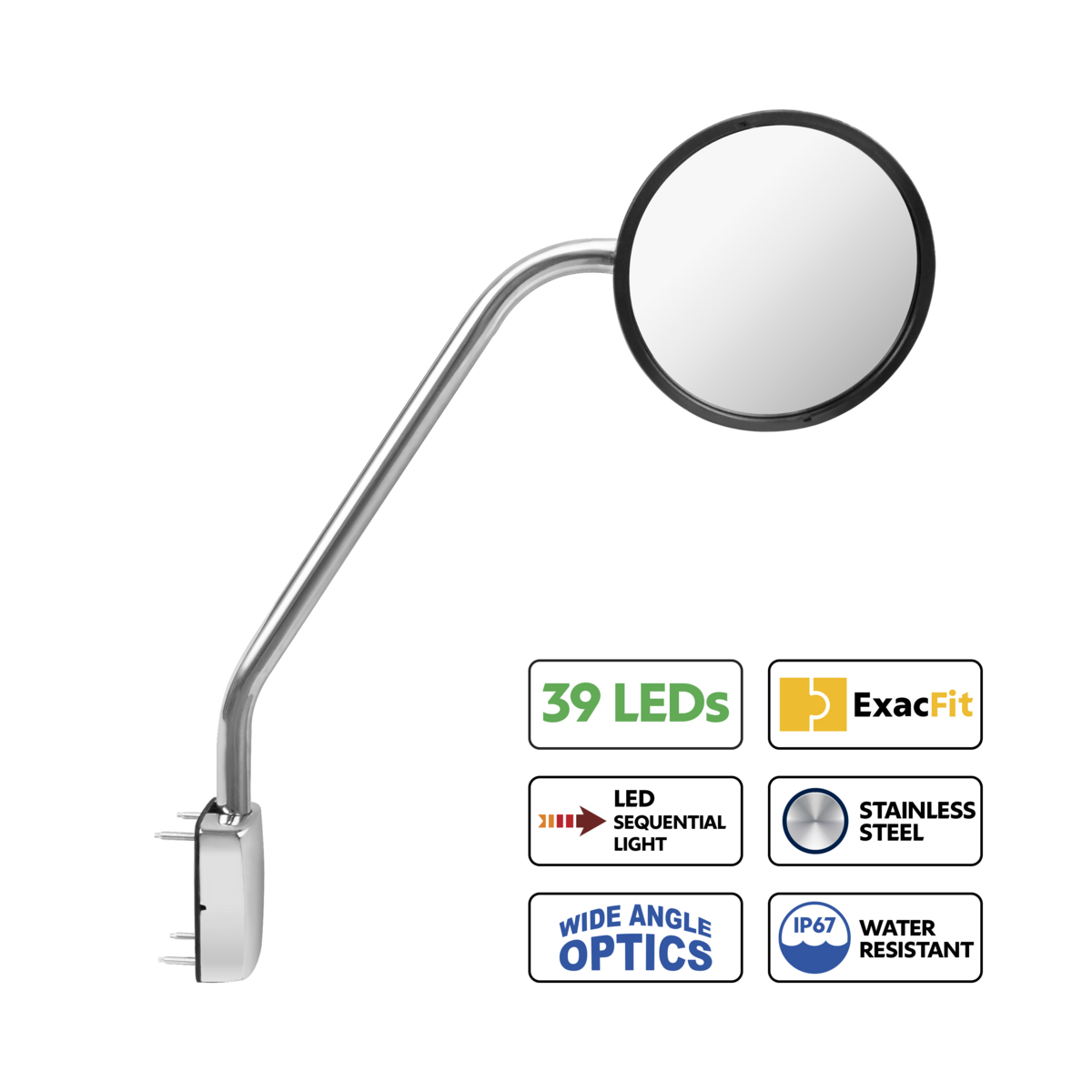 SS Hood Mirror Assembly W/ Sequential LED Turn Signal For 2013-2021 Kenworth T680 & Peterbilt 579 - Driver and Passenger (2pcs)