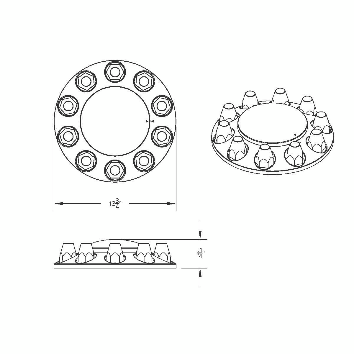Dome Front Axle Cover With 33mm Standard Style Push-On Nut Covers - Chrome