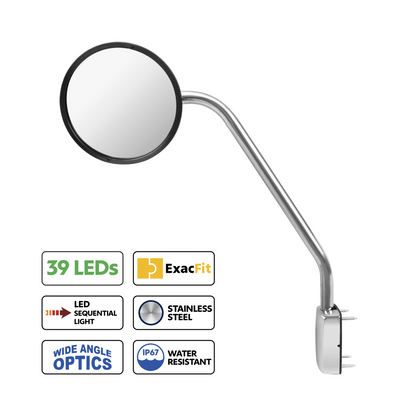 SS Hood Mirror Assembly W/ Sequential LED Turn Signal For 2013-2021 Kenworth T680 & Peterbilt 579 - Passenger