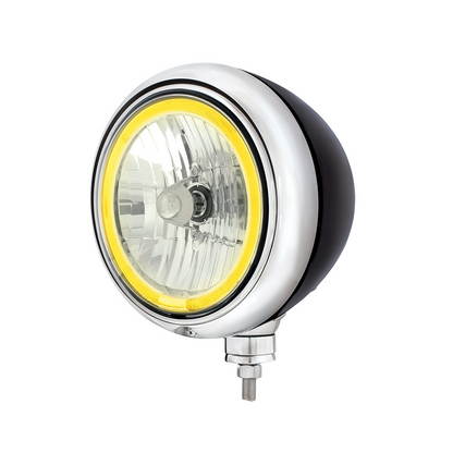 Black Guide Headlight 9007 Bulb With Amber LED Halo Rim