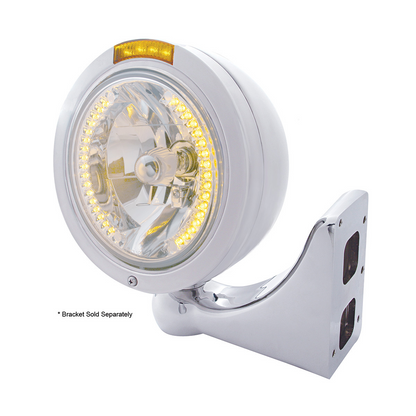 Stainless Steel Bullet Classic Headlight H4 With Amber LED & Dual Mode LED Signal - Amber Lens