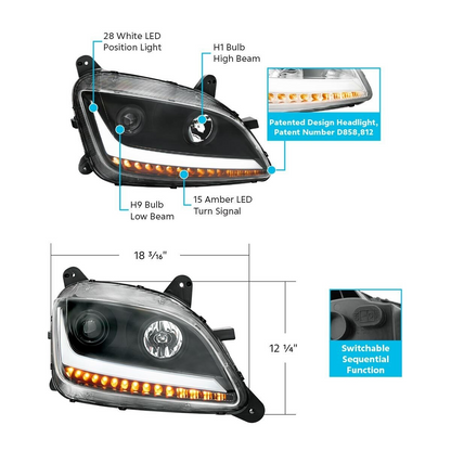 Black Projection Headlight With LED Position & Sequential Signal For 2012-2021 Peterbilt 579- Passenger