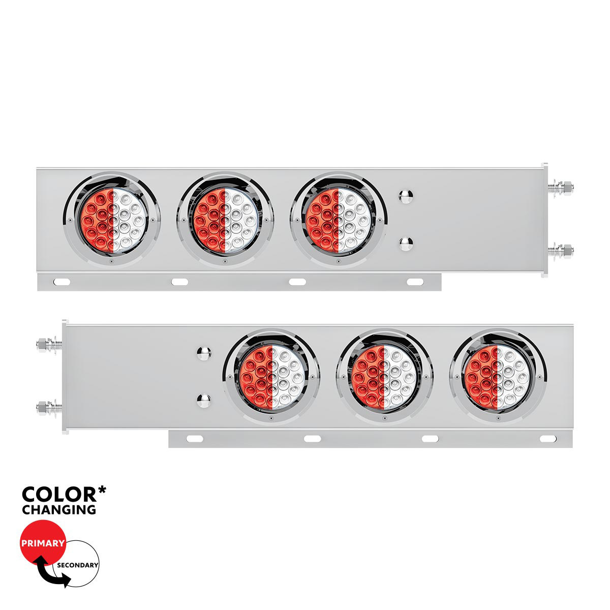 3-3/4" Bolt Pattern SS Spring Loaded Light Bar With 6X Double Fury 19 LED Lights & Visors-Red & White(Pair)