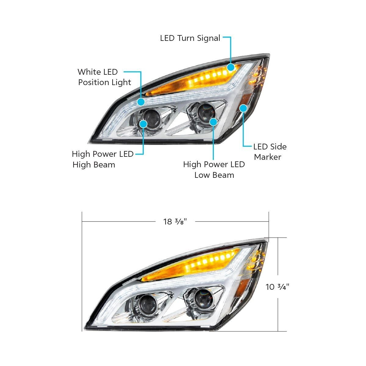 Chrome LED Projection Headlight With LED Position Light For 2018-2024 Freightliner Cascadia - Driver