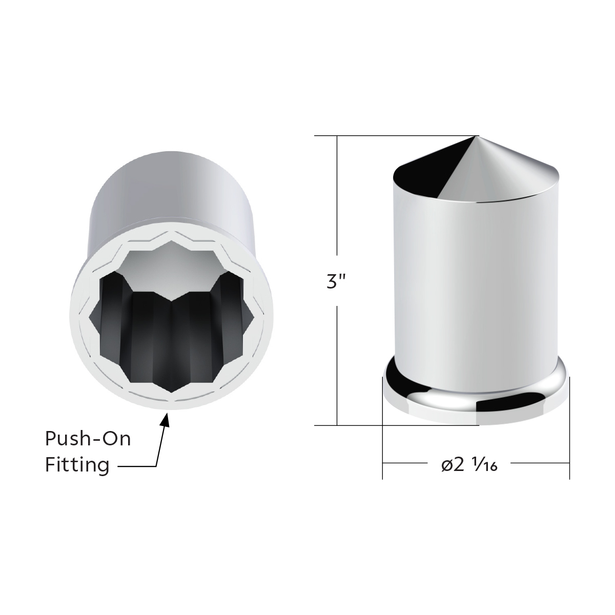 1-1/2" X 3" Chrome Plastic Pointed Nut Cover - Push-On (Bulk)