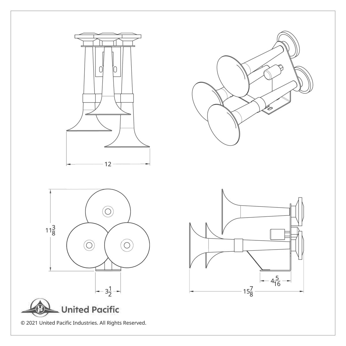 3 Trumpets Air Powered Train Horn With Support Bracket