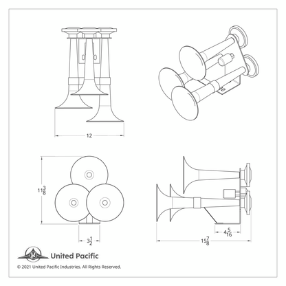3 Trumpets Air Powered Train Horn With Support Bracket