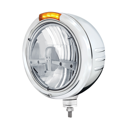 Stainless Steel Classic Embossed Stripe Headlight 5 LED Bulb & Dual Mode LED Signal-Amber Lens