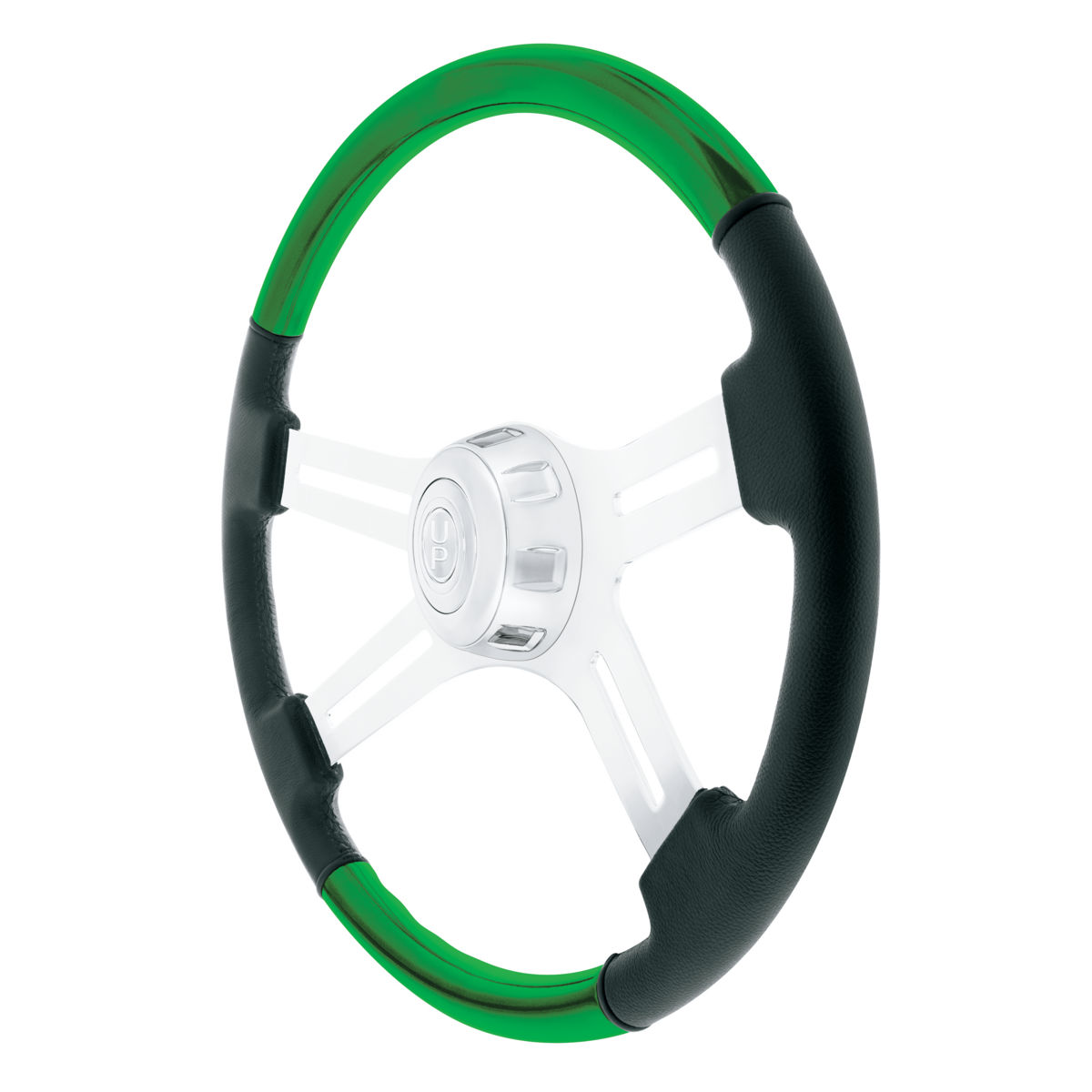 18" Leather & Wood Candy Color 4 Spoke Steering Wheel With Chrome Horn Bezel-Emerald Green