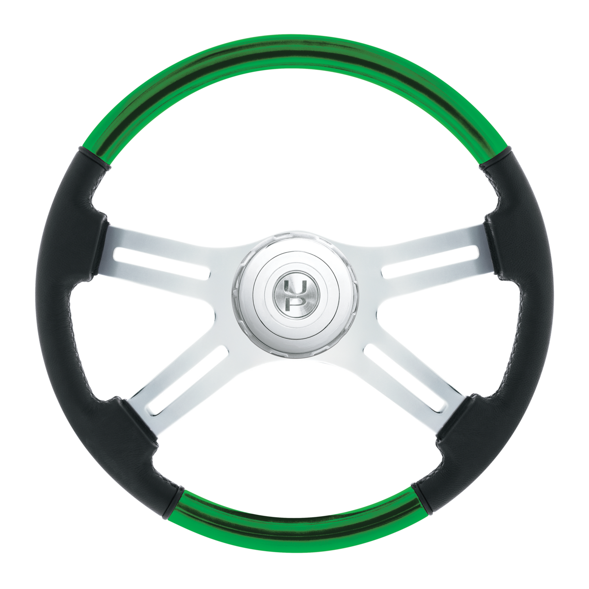 18" Leather & Wood Candy Color 4 Spoke Steering Wheel With Chrome Horn Bezel-Emerald Green