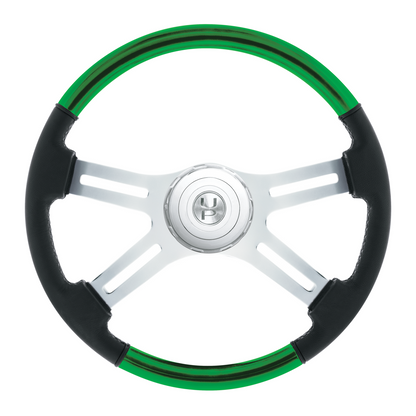 18" Leather & Wood Candy Color 4 Spoke Steering Wheel With Chrome Horn Bezel-Emerald Green