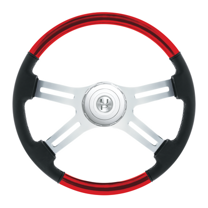 18" Leather & Wood Candy Color 4 Spoke Steering Wheel With Chrome Horn Bezel-Candy Red