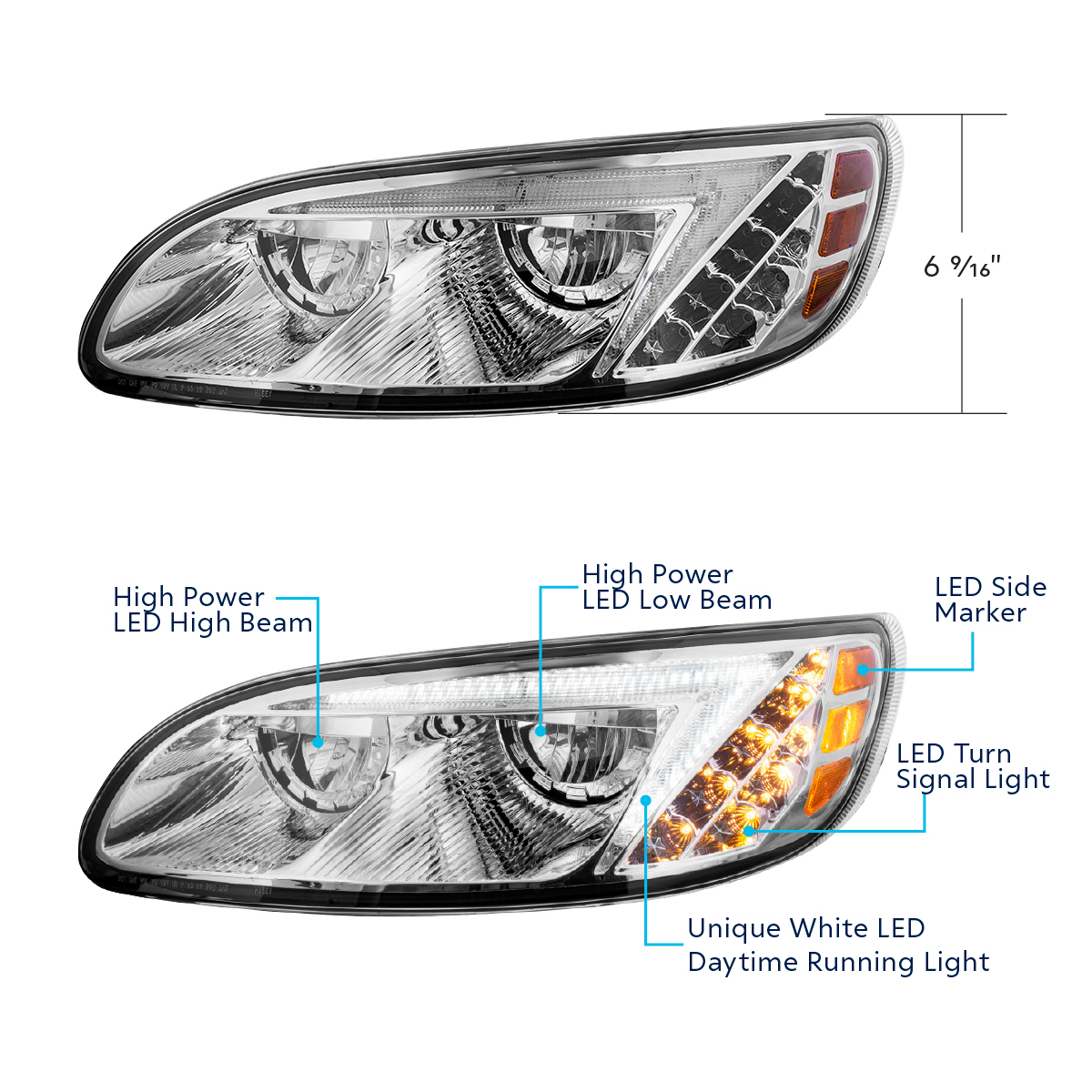 Chrome LED Headlight For Peterbilt 386 (2005-2015) & 387 (1999-2010) - Driver